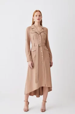 Wholesale 🧨 Karen Millen Soft Tailored Belted Crepe High Low 👕 Shirtdress 👏 -Workwear Shop womens black soft tailored belted crepe high low shirtdress