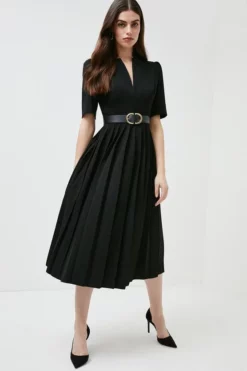 Outlet 😉 Karen Millen Structured Crepe Forever Pleat Belted Midi 👗 Dress 💯 -Workwear Shop womens black structured crepe forever pleat belted midi dress