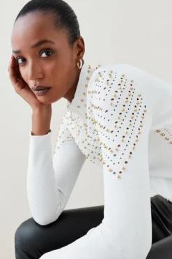 New 🎁 Karen Millen Stud Zip Through Pointelle Cardigan 👏 -Workwear Shop womens black stud zip through pointelle cardigan