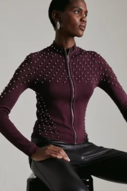 New 🎁 Karen Millen Stud Zip Through Pointelle Cardigan 👏 -Workwear Shop womens black stud zip through pointelle cardigan 3