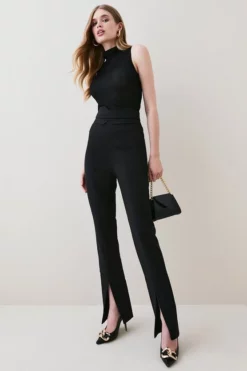 Promo 🎉 Karen Millen Tall Compact Stretch High Rise Split Hem Trouser ✔️ -Workwear Shop womens black tall compact stretch high rise split hem trouser