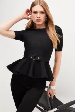 Deals ⭐ Karen Millen Trimmed Waist Peplum Bandage Detail Top ⌛ -Workwear Shop womens black trimmed waist peplum bandage detail top