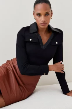 Best Sale 🌟 Karen Millen V Neck Pu Collared Top 😍 -Workwear Shop womens black v neck pu collared top 2