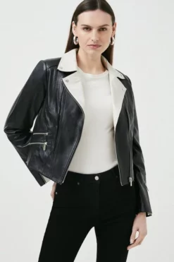 Top 10 🔥 Karen Millen Leather Signature Biker Jacket ⌛ -Workwear Shop womens blackwhite leather signature biker jacket 6
