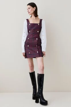 Hot Sale 💯 Karen Millen Check Cotton Sleeve Double Breasted Mini 👗 Dress 🛒 -Workwear Shop womens blue check cotton sleeve double breasted mini dress