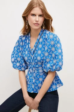 Budget ✔️ Karen Millen Contrast Cotton Broderie Woven Blouse ⭐ -Workwear Shop womens blue contrast cotton broderie woven blouse