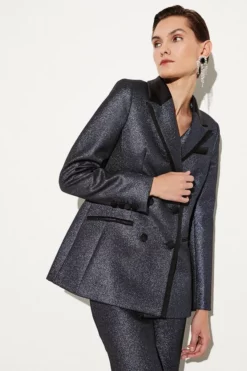 Outlet 🥰 Karen Millen Metallic Jacquard Tailored Single Breasted Jacket 🤩 -Workwear Shop womens blue metallic jacquard tailored single breasted jacket