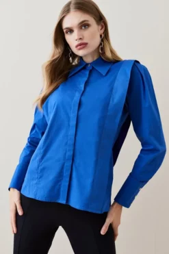 Deals 🧨 Karen Millen Poplin Bib Panelled Woven 👚 Shirt 😀 -Workwear Shop womens blue poplin bib panelled woven shirt