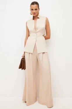 Wholesale 🛒 Karen Millen Premium Polished Linen Pleat Front Wide Leg Trouser ✨ -Workwear Shop womens blush premium polished linen pleat front wide leg trouser 1