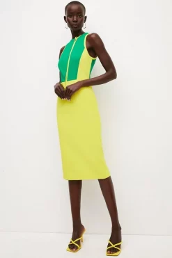 Best Sale 👍 Karen Millen Colour Blocked Zip Detail Ponte Midi 👗 Dress 🎁 -Workwear Shop womens bright20green colour blocked zip detail ponte midi dress