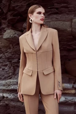Outlet 🌟 Karen Millen Corset Waisted Blazer 🤩 -Workwear Shop womens camel corset waisted blazer
