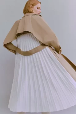 Deals 💯 Karen Millen Cotton Pleated 👗 Skirt Trench 🧥 Coat 🌟 -Workwear Shop womens camel cotton pleated skirt trench coat