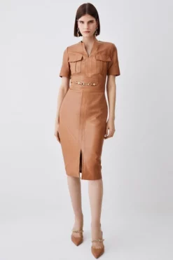 Best Sale 🤩 Karen Millen Leather Short Sleeve Snaffle Trim Pencil Midi 👗 Dress 👍 -Workwear Shop womens camel leather short sleeve snaffle trim pencil midi dress