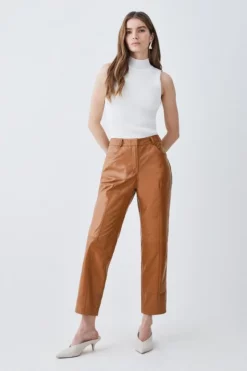 Wholesale 🎁 Karen Millen Leather Slim Leg 5 Pocket Detail Trouser ⭐ -Workwear Shop womens camel leather slim leg 5 pocket detail trouser