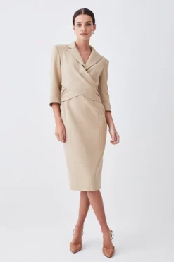Best Sale 🧨 Karen Millen Petite Compact Crepe Wrap Waist Pencil Midi 👗 Dress 🥰 -Workwear Shop womens camel petite compact crepe wrap waist pencil midi dress