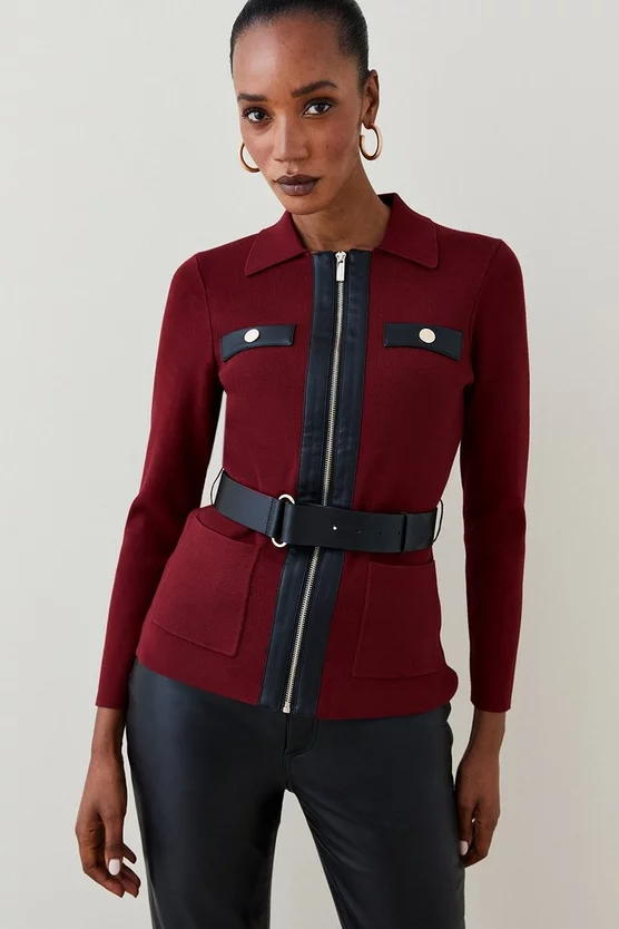 Top 10 🤩 Karen Millen Pu Trim Belted Knit Jacket 🎉 6 Top 10 🤩 Karen Millen Pu Trim Belted Knit Jacket 🎉 - Image 6