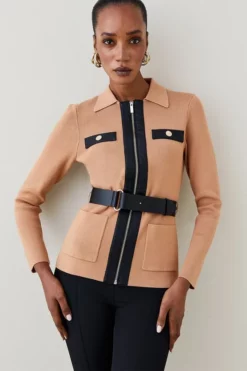 Top 10 🤩 Karen Millen Pu Trim Belted Knit Jacket 🎉 10 Top 10 🤩 Karen Millen Pu Trim Belted Knit Jacket 🎉 -Workwear Shop womens camel pu trim belted knit jacket