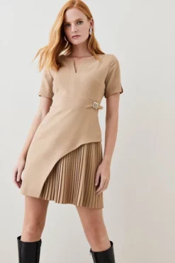 Outlet 😍 Karen Millen Tailored Military Pleat Short Sleeve Mini 👗 Dress 😀 11 Outlet 😍 Karen Millen Tailored Military Pleat Short Sleeve Mini 👗 Dress 😀 -Workwear Shop womens camel tailored military pleat short sleeve mini dress