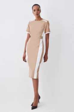 Budget 😍 Karen Millen Tall Compact Stretch Contrast Panel Midi Pencil 👗 Dress 🔔 -Workwear Shop womens camel tall compact stretch contrast panel midi pencil dress