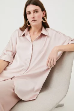 Deals 🧨 Karen Millen Satin Button Down Tunic Woven 👚 Shirt 🎁 -Workwear Shop womens champagne satin button down tunic woven shirt
