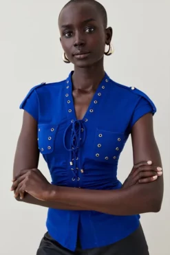 Promo 😉 Karen Millen Lace Up Eyelet Jersey Top 🧨 -Workwear Shop womens cobalt lace up eyelet jersey top 1