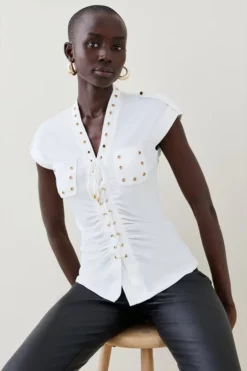 Promo 😉 Karen Millen Lace Up Eyelet Jersey Top 🧨 -Workwear Shop womens cobalt lace up eyelet jersey top