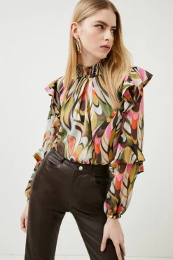 Best Pirce 🌟 Karen Millen Kaleidoscope Print Shirred Woven Blouse 🧨 -Workwear Shop womens coral kaleidoscope print shirred woven blouse