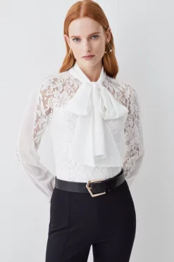 Hot Sale ⭐ Karen Millen Lace Jersey Contrast Pussy Bow Sleeve Bodysuit 🔥 -Workwear Shop womens cream lace jersey contrast pussy bow sleeve bodysuit