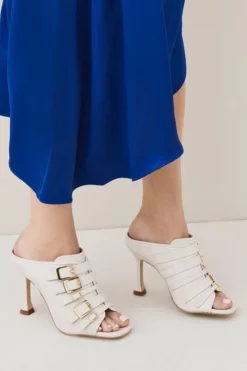 Budget ⭐ Karen Millen Leather Buckle Detail Heeled Mule 🤩 -Workwear Shop womens cream leather buckle detail heeled mule