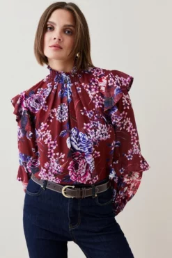 Hot Sale 🎁 Karen Millen Floral Printed Georgette Woven Blouse ❤️ -Workwear Shop womens floral floral printed georgette woven blouse