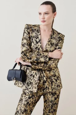 Brand new 🔔 Karen Millen Metallic Snake Print Collarless Tailored Single Breasted Jacket ⌛ -Workwear Shop womens gold metallic snake print collarless tailored single breasted jacket
