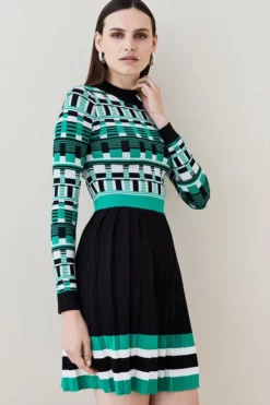 Best Pirce 👍 Karen Millen Broken Striped Jacquard Knit Skater Mini 👗 Dress 🤩 -Workwear Shop womens green broken striped jacquard knit skater mini dress
