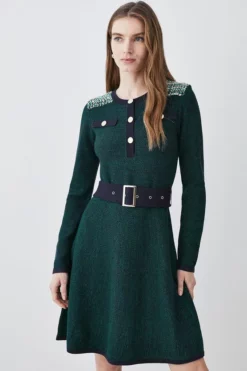 Buy ✔️ Karen Millen Cut And Sew Tweed Panel Long Sleeve Skater Mini 👗 Dress ✨ -Workwear Shop womens green cut and sew tweed panel long sleeve skater mini dress