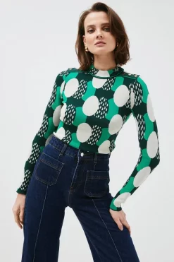 Budget 🛒 Karen Millen Geo Jacquard Funnel Neck Knitted Jumper 🔔 -Workwear Shop womens green geo jacquard funnel neck knitted jumper