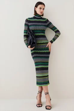 Coupon 🌟 Karen Millen Patterned Sparkle Knit Roll Neck Jacquard Midi 👗 Dress ⌛ -Workwear Shop womens green patterned sparkle knit roll neck jacquard midi dress 1