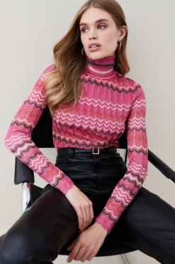 Coupon ✔️ Karen Millen Patterned Sparkle Knit Roll Neck Jacquard Top 😍 -Workwear Shop womens green patterned sparkle knit roll neck jacquard top