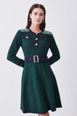 Brand new 🌟 Karen Millen Petite Cut And Sew Tweed Panel Long Sleeve Skater 👗 Dress ⭐ -Workwear Shop womens green petite cut and sew tweed panel long sleeve skater dress