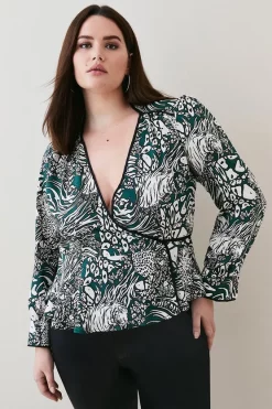 Best reviews of ✔️ Karen Millen Plus Size Animal Satin Twill Woven Wrap Top 👍 -Workwear Shop womens green plus size animal satin twill woven wrap top