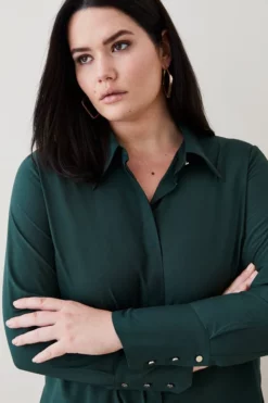 Best Pirce 🎁 Karen Millen Plus Size Silk Viscose Satin Woven 👚 Shirt 🌟 -Workwear Shop womens green plus size silk viscose satin woven shirt 1