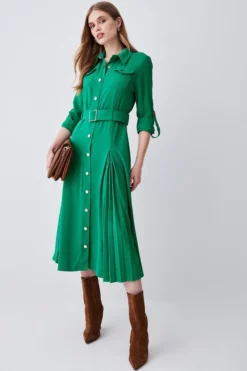 Discount 👍 Karen Millen Soft Tailored Pleat Panel Sleeved Belted Midi 👗 Dress 🌟 -Workwear Shop womens green soft tailored pleat panel sleeved belted midi dress