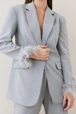 Best Sale ⭐ Karen Millen Tall Feather Cuff Detail Single Breasted Blazer ❤️ -Workwear Shop womens grey tall feather cuff detail single breasted blazer