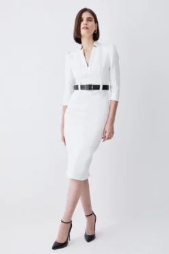 Budget 🥰 Karen Millen Petite Structured Crepe Belted Forever Midi 👗 Dress 💯 -Workwear Shop womens ivory petite structured crepe belted forever midi dress