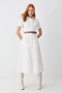 Best Pirce ⌛ Karen Millen Tailored Belted Midi 👚 Shirt 👗 Dress 🔔 -Workwear Shop womens ivory tailored belted midi shirt dress