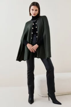 Budget 🤩 Karen Millen Military Trim Knitted Cape 🧨 -Workwear Shop womens khaki military trim knitted cape