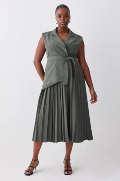 Cheapest 😍 Karen Millen Plus Size Military Pleat Sleeveless Midi 👗 Dress 🔔 -Workwear Shop womens khaki plus size military pleat sleeveless midi dress