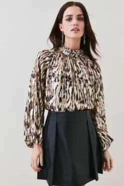 Discount 🔥 Karen Millen Petite Printed Leopard High Neck Blouse 🎁 -Workwear Shop womens leopard petite printed leopard high neck blouse