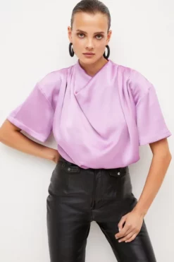 Deals 😉 Karen Millen Satin Cowl Neck Woven Blouse ✔️ -Workwear Shop womens lilac satin cowl neck woven blouse