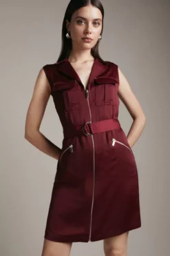 Deals 👍 Karen Millen Satin Tailored Utility Sleeveless Mini 👗 Dress 🛒 -Workwear Shop womens merlot satin tailored utility sleeveless mini dress 1