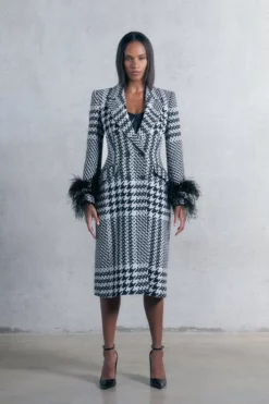 Budget 💯 Karen Millen Mono Italian 🦮 Dogtooth Feather Cuff Check Fitted 🧥 Coat ❤️ -Workwear Shop womens mono mono italian dogtooth feather cuff check fitted coat
