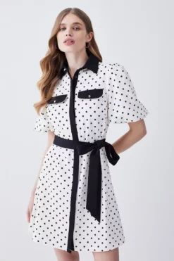 Promo 🎉 Karen Millen Pin Dot Twill Belted Mini 👗 Dress 👏 -Workwear Shop womens mono pin dot twill belted mini dress